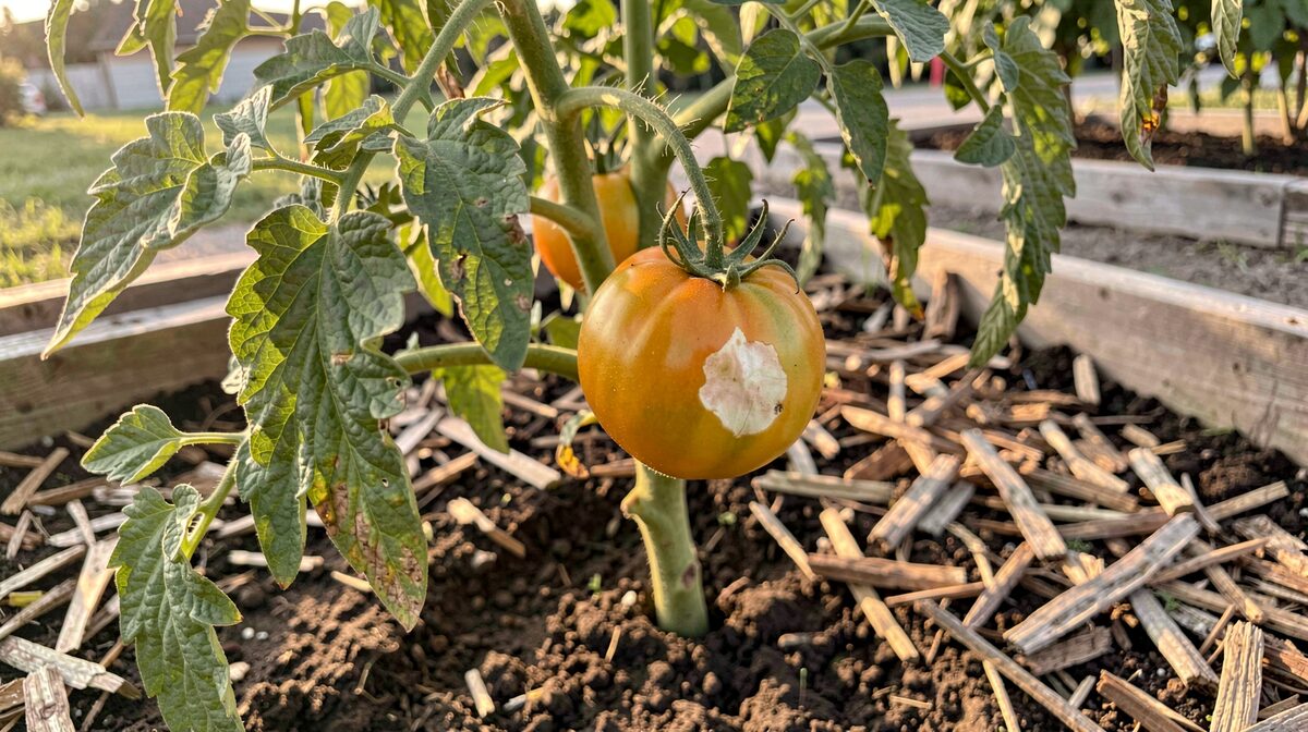 A close afternoon view of a tomato plant in a raised bed in Santa Clarita, upper leaves rolled and cupped, one fruit showing a pale sunscald patch on its west side, drip line visible in dark clay soil under a layer of mulch, hard June light from the left.